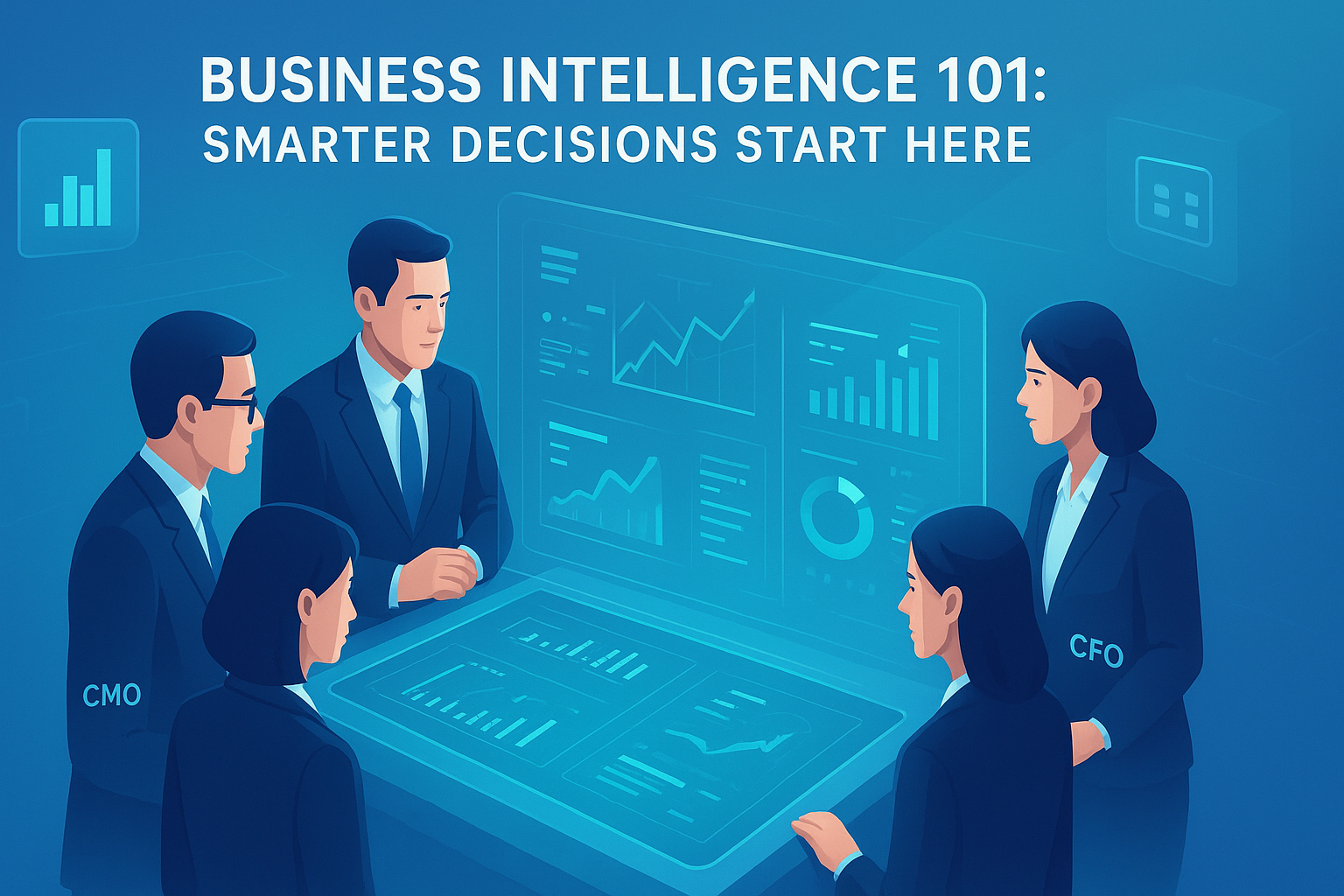 Business professionals analyze data on a large screen, representing business intelligence.
